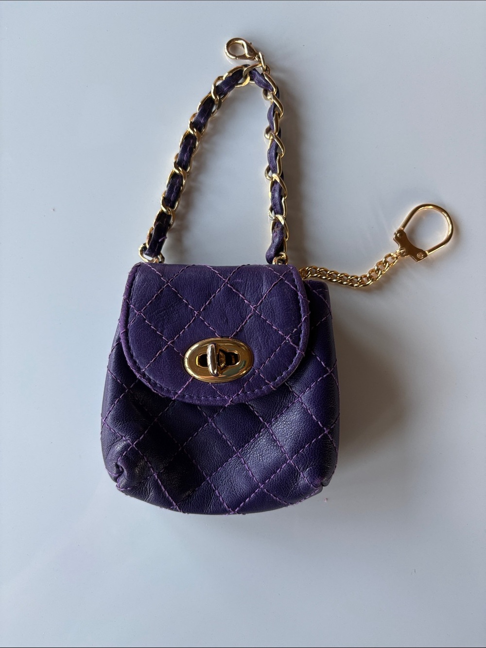 Quilted Sak's Mini Keychain Bag in Purple with Gold Hardware